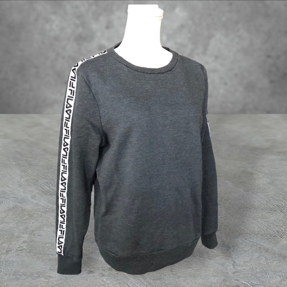 FILA Logo Banded Shoulder and Arm Sweatshirt Dark Gray White Black S - Picture 7 of 7